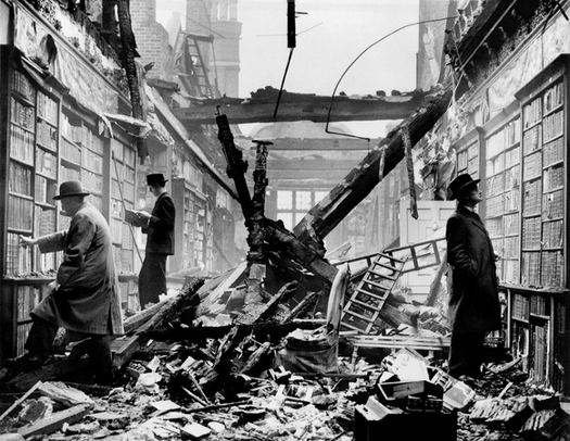 An image of the library of Holland House after an air raid on London